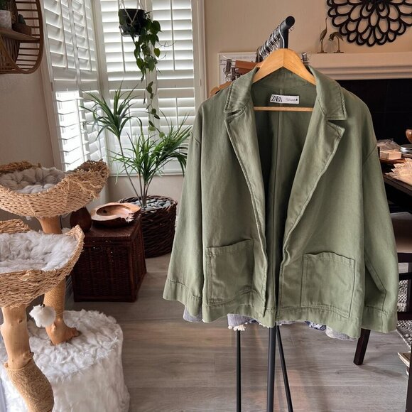 Zara Shacket Womens Size Medium Sage Green Denim Wide Arm Sleeve 100% Cotton - Picture 15 of 15